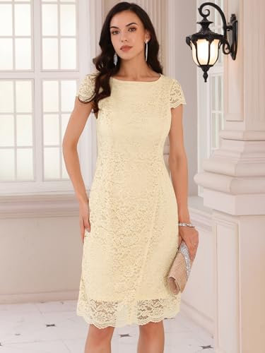 Image of Women's Floral Lace Dress Cap Sleeve Boat Neck Cocktail Midi Wedding Guest Dresses
