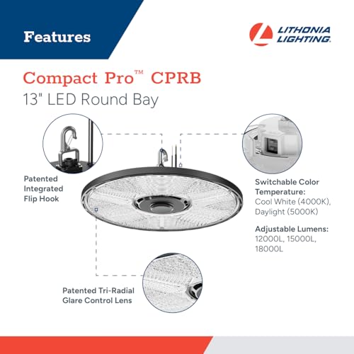 Image of Lithonia Lighting Compact Pro Round LED High Bay Light, Ceiling Lighting Fixture, Adjustable 12000 /15000 /18000 Lumens, Selectable 4000K /5000K, UVOLT 120-347V, Black (CPRB ALO13 UVOLT SWW9 80CRI DBL)