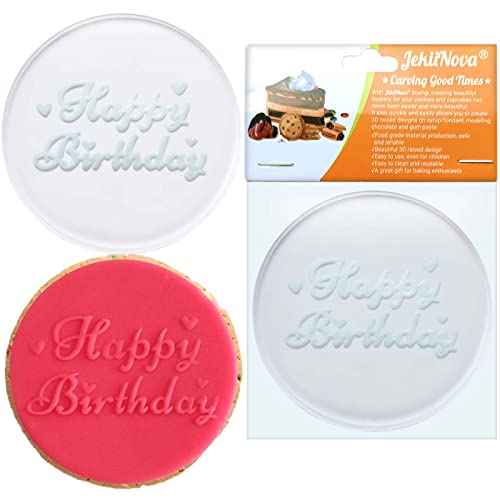 Happy Birthday Fondant Embosser, Premium 3D Raised Design Cookie Stamp Clear Round Fondant Stamp for Cupcakes Cookies Biscuits Sugarpaste Fondant Topper Cookie Debosser (Happy Birthday)