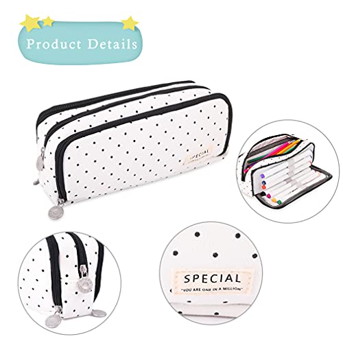 Image of iSuperb Large Pencil Case Big Capacity Pencil Pouch 3 Compartments Pen Bag Canvas Marker Pen Bag for Teen Boys Girls School Students (Black Polka Dot)