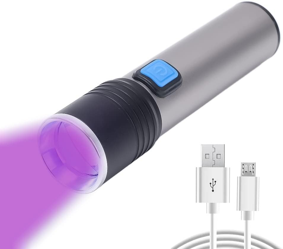 amiciVision Rechargeable UV Flashlight, 395~400nm 4-Mode Zommable Black-Light to Check Official Document Authenticity, Gemstone Observation, Germ Detection, etc