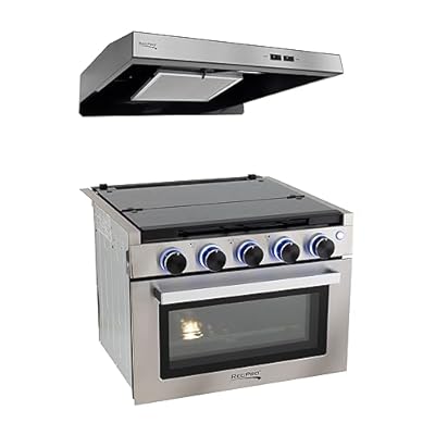 RecPro RV Stove | 21" x 17" Cooktop | 17" Tall Gas Range | 3 Burner | 1.8 Cu. Ft | 7100 BTU | Black or Silver Finish | Optional Vented Range Hood (Stainless, With Range Hood)