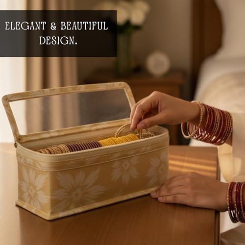 Image of PVC Single-Rod Floral Bangle Organizer Box for Women | Jewellery Bangle Storage Case for Chudi, Kada & Accessories, Bangle Holder Pouch | Beige | Pack of 2