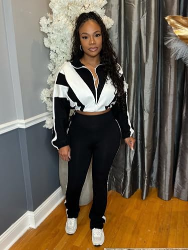 Women's 80s Color Block Tracksuit 2 Piece Outfit Zip Up Crop Jacket and Bodycon Pants Set Long Sleeve Sweatsuit3