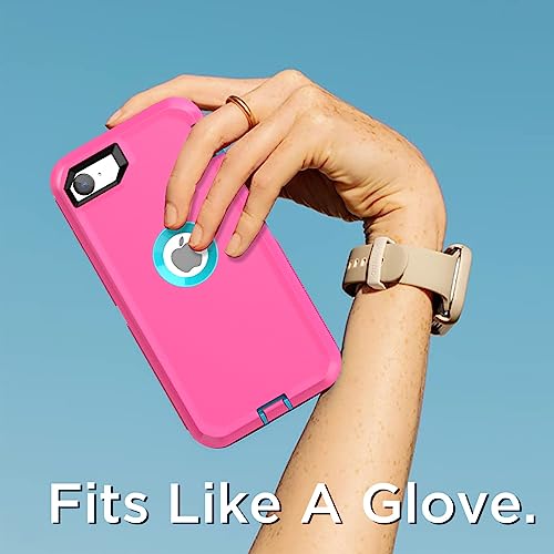 Image of AICase for iPhone SE Case 3rd & 2nd Generation, for iPhone SE 2022 /2020 Built-in Screen Protector Heavy Duty Protective Shockproof 3-Layer Full Body Rugged Phone Cover, Pink /Aqua Blue