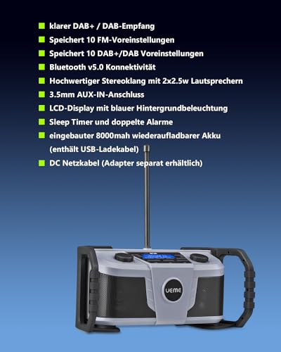 Baustellenradio DAB+ DAB FM Radio, Digitalradio mit Bluetooth und Wecker und Dimmer, Robustes DAB Plus Radios (Grau)
