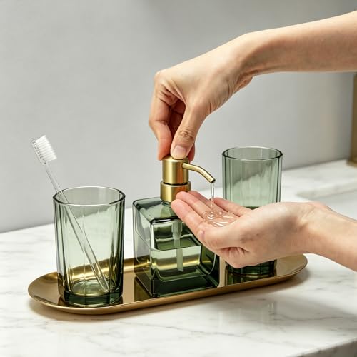 Image of Square Green Glass Soap Dispenser Bathroom with Brushed Gold Pump, Retangle Cube 8.4 oz Glass Bottles with Stainless Steel Pump Hand Liquid Soap Dispenser Kitchen