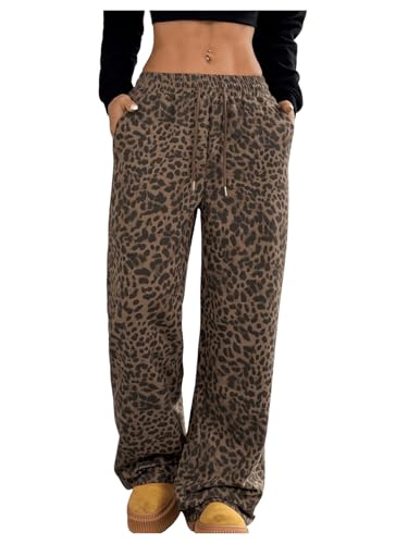 MakeMeChic Women's Cheetah Print Pants Leopard Straight Wide Leg Trousers Pants