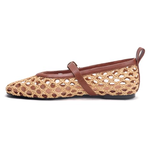 Raffia Woven Mesh Ballet Flats for Women Comfortable Metal Buckle Strap Mary Jane Ballet Flats Casual Closed Toe Ballerina Shoes.3