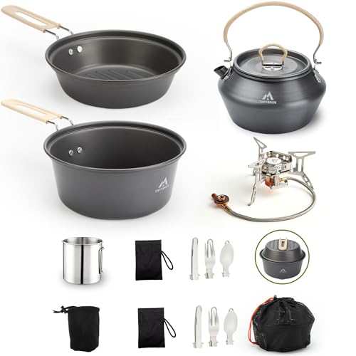 15pcs Camping Cookware Kit,Camping Cookware Mess Kit with 3500W Stove,Pot,Pan,Kettle Set with Stainless Steel Cup,Forks Knives Spoons for Hiking,Camping,Outdoor Cooking and Picnic