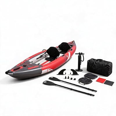 Inflatable 2-Person Kayak, Heavy Duty Reinforced PVC Mesh Kayak with High Pressure Drop Stitch Bottom, Aluminum Paddles Pump Carry Bag Repair Kit for Adults