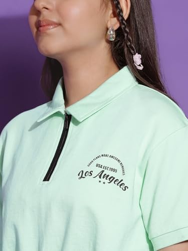 Image of Li'l Tomatoes Girls Casual Summer Top | 100% Looper Cotton Half Sleeve Zip Collar T-Shirt | Soft & Comfortable 7-16 Years