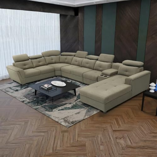 Image of Torque Arnold Fabric 8 Seater Sofa with Lounger and Cup Holder Beige | Corner Sofa Couch with Moveable Headrest | U Shape Sectional Sofa Set Living Room Office Home