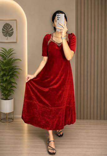 Image of Women Velvet Gown, Full Length, Puff Sleeves, Embellished Neckline, Wedding & Festive Occasion