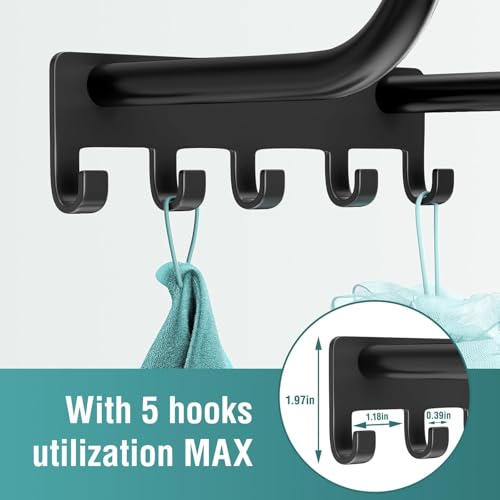 Towel Rack Bathroom Wall Holder: 27.9 Inch Wall Mounted Shower Organizer, for Rolled Towel Storage, 2 Metal Racks Plus Extra 5 Hooks, for Modern Small Space Bathroom RV Campers (Matte Black) - Image 4