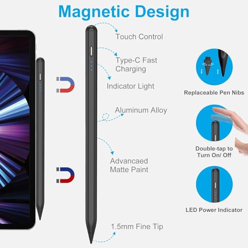 Image of 【2Pack】Stylus Pencil for iPad 2018-2026 A16 11 /10 /9 /8 /7 /6,Mini A17 Pro /6 /5,iPad Air M4 /M3 /M2 11 inch /13 inch /5 /4 /3,iPad Pro M5 /M4 13 inch /12.9 inch /11 inch USB-C Fast Charging Pencil,Pixel-Perfect Tilt Sensitivity(Black)