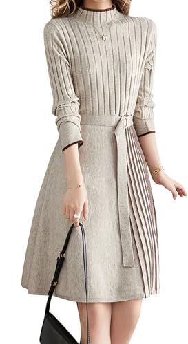 Image of LAI MENG FIVE CATS Women's Elegant Long Sleeve Stripe Sweater Ribbed Knit Pullover Fall Midi Dress