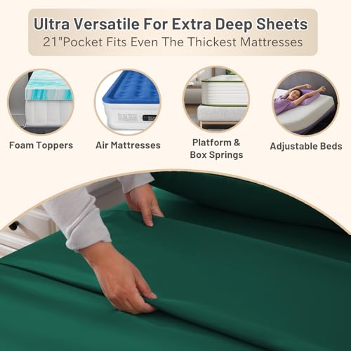 MEISHANG Extra Deep Pocket Queen Sheets Cotton - 1000 Thread Count Sheet Set - Fits 18"-24" in Deep Mattress,100% Egyptian Cotton,Sateen Weave, Soft & Breathable - 4 Piece (Queen, Dark Green)