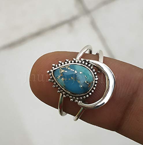 Blue Copper Turquoise ring, 925 sterling silver, Half Moon Shape Ring, Two band Ring, Boho Chic, Promise Wedding Jewelry, Classy Ring, Celestial ring, Genuine Gemstone Ring, Statement Ring