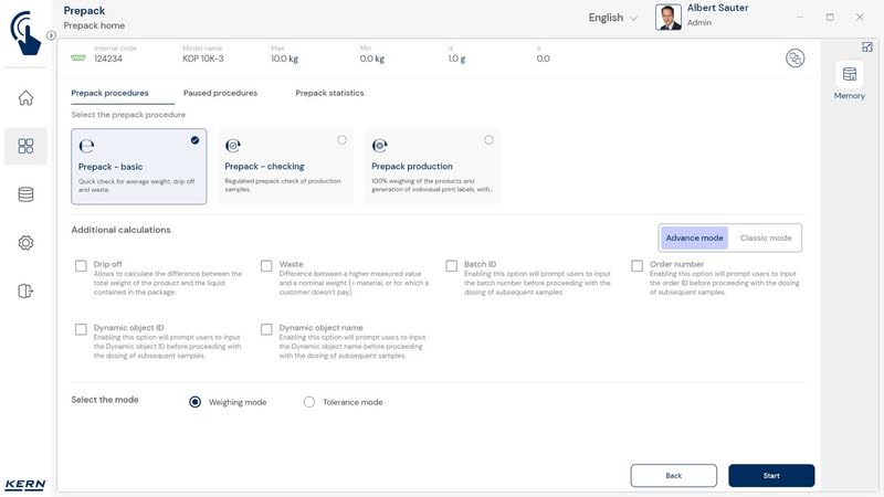 KERN SET-17 - Software EasyTouch PrePack – comprobación de artículos preenvasados, tres funciones: Básico, comprobación y producción