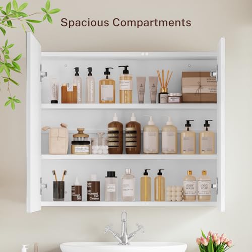Image of TEENFON Medicine Cabinet Mirror with 2 Doors, Mount or Recessed Bathroom Wall Cabinet, Bathroom Mirror with Storage 3 Adjustable Shelves, White, 27.6 x 22.1 inch