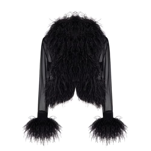 FE-19 See-Through Top with Real Feather Collar and Cuffs Silk Shirt for Women Sexy Girls Jacket3