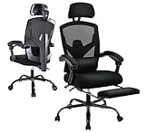 BRITEMART Desk Chair with Foot Rest, High-Back Mesh Office Chair with Wheels, Reclining Gaming Chair with Headrest and Adjustable Lumbar Support, 90°-130° Reclining, for Home Office and Gaming, Black