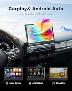 2026 Single Din Car Stereo with Wireless Apple CarPlay & Android Auto, 7-inch HD Motorized Flip-Out Touchscreen Head Unit, Bluetooth 5.1, Type-A Fast Charge, Backup Camera, DSP, AM/FM Radio Receiver