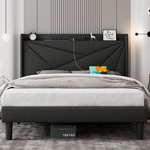 Feonase Queen Bed Frame with Type-C & USB Ports, Upholstered Platform Bed Frame with Wingback Storage Headboard, Solid Wood Slats Support, No Box Spring Needed, Noise-Free, Dark Gray