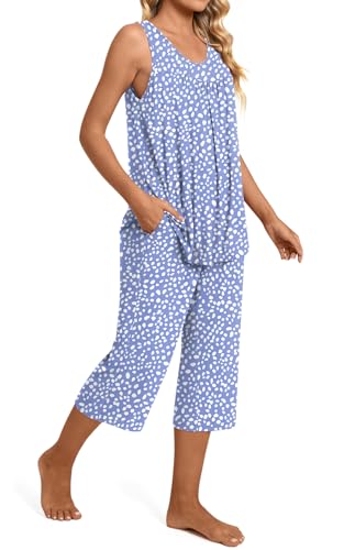 Image of TAOHUADAO Womens Summer 2 Piece Pajama Sets, Sleeveless Tops with Capri Pants, Lounge Ladies Pjs Sets with Pockets