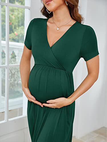 Xpenyo Maternity Dresses Women's Summer Casual Short Sleeve V Neck Wrap Long Maxi Dress Pregnancy Clothes For Baby Shower, Photoshoot, Party, Daily, Nursing, Dark Green L #TOP2