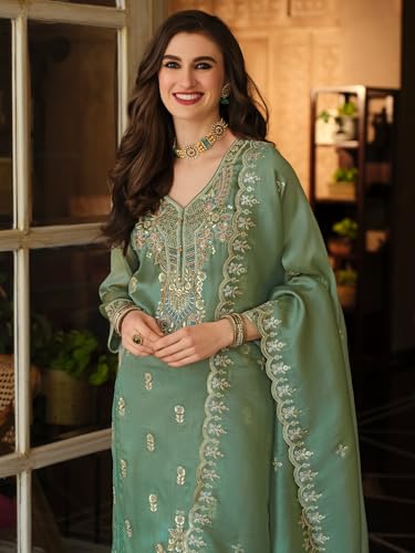 Image of INDO ERA Women's Straight Organza Ethnic Motifs Embroidered Kurta & Pant With Dupatta Set (KH9YL10613)