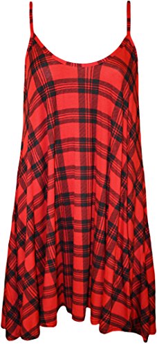 WearAll - Mujeres Tallas Grandes Sin Mangas Impreso Mini Vestido Camisola Chaleco Top - Rojo Tartán - 52-54