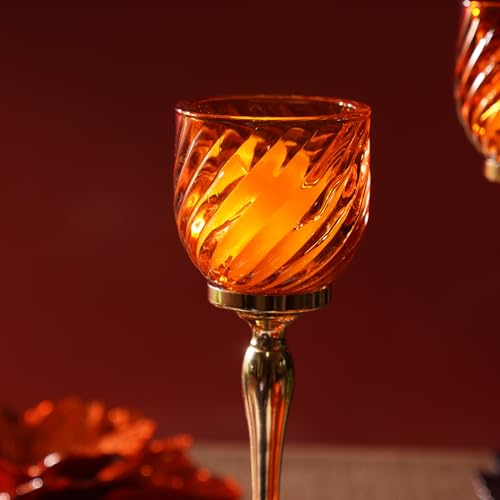 Image of Pure Home Orange Swirl Textured Hurricane - Small | Size: 9 x 9 x 21 cm | Premium Hurricanes for Home Decor | Living Room & Home Decor Showpiece | Ideal for Diwali & Festive Gifting | Premium | Pack of 1