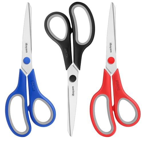 Image of iBayam 8.5 inch Household Scissors All Purpose 3 Pack, Red Black Blue Scissors | Ultra Sharp 2.5mm Thick Blade Shears Comfort-Grip for Office Desk Sewing Fabric Home Craft School Supplies, Right /Left Handed