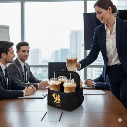 Reusable Drink Carrier with Handle – Durable No-Spill Insulated & Collapsible Beverage Bag with Pockets, Portable Caddy for On-the-Go Delivery, Travel & Car Use (4 Cup Carrier, Black) - view 3