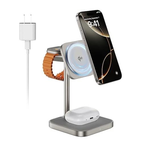 [Qi2 Certified ] LULULOOK 3 in 1 Charging Station with MagSafe, 15W Wireless Charger Stand Magnetic Foldable Charger for iPhone16/15/14/13/12 Series, AirPods Pro/3/4, Apple Watch with 30W PD Adapter