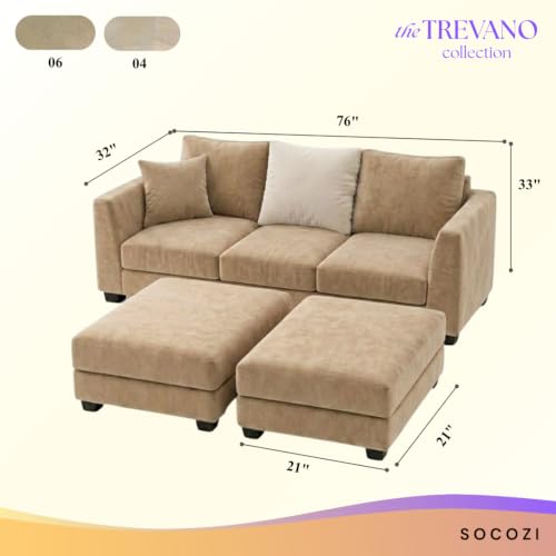 Image of SOCOZI Trevano 5 Seater L Shape Sofa Set with 2 Movable Ottomans | Flexible Layout| Soft Velvet Suede Fabric|Modern Sofa | Plush Comfort Cushions for Living Room (Beige-Cream)