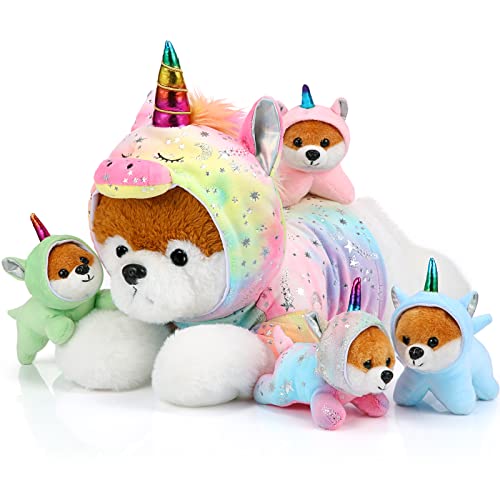 Skylety 5 Piezas de Perro de Peluche Animales de Peluche de Perrito Lindos Suaves 1 Perro Mamá Grande de con 4 Mini Cachorros para Cumpleaños Fiesta de Día de Niño(Cachorros de Unicornio)