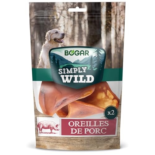 Bogar - Simply Wild - Friandises pour Chien - Nourriture pour Chiens en Complément de l'Alimentation Habituelle - Friandise sous forme d'Oreilles de Porc - 100% Porc Séché - Aide à la Mastication - 2x