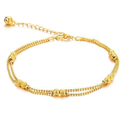 Women's Anklet Bracelet 18k Gold Plated Double Row Beads Grind Arenaceous Bead Pendants Foot Chain Adjustable L7.87