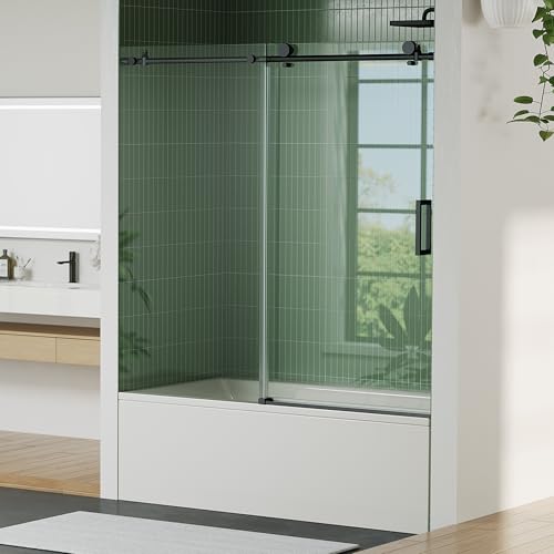 Image of 56 inch-60 inch W x 59 inch H Sliding Shower Door, Frameless Bypass Bathroom Door with 1 /4 inch(6mm) Tempered Glass,Matte Black Finish for Walk-in Shower