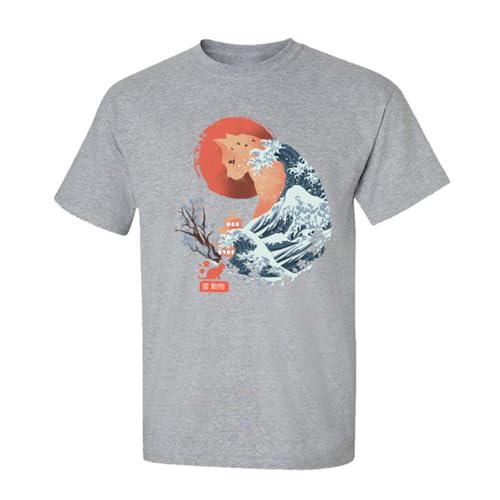 T-shirt mode homme coton gris imprimé chat spirituel coupe crewneck casual