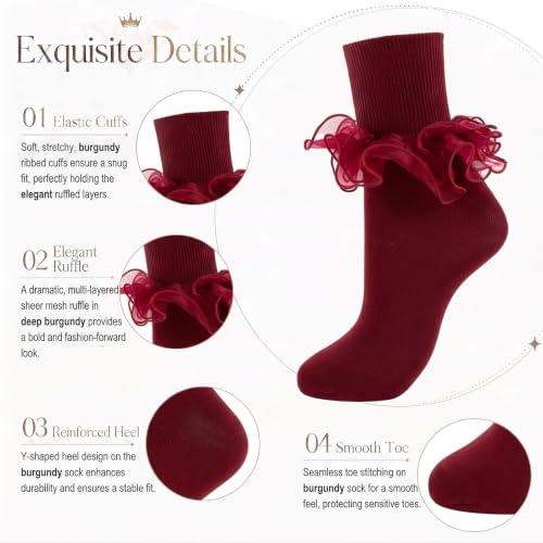 Image of Women Big Ruffle Socks Adult Lace Frilly Turn Cuff Dress Socks | 1 Pair Womens Cute Cotton Large Ruffled Ankle Socks for Ladies Big Girls Fancy Vintage 50s 80s Church Party Bobby Crew Socks