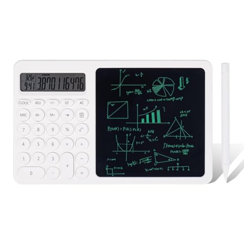 Tyatocepy 1 calculadora con tableta de escritura LCD con calendario electrónico, temperaturas de tiempo, ABS blanco, calculadora de pie 2 en 1