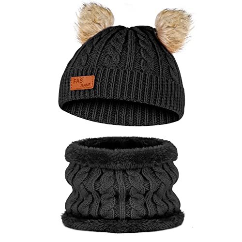 StarryTiger Ensemble Bonnet Echarpe Enfant, Bonnet Enfant Hiver Tricoté et Tubular Écharpe avec Doublure, 2 en 1 Bonnet Enfant Fille, Ensemble Hiver Accessoires pour Garçon Filles 2 à 6 ans (Noir) Cover