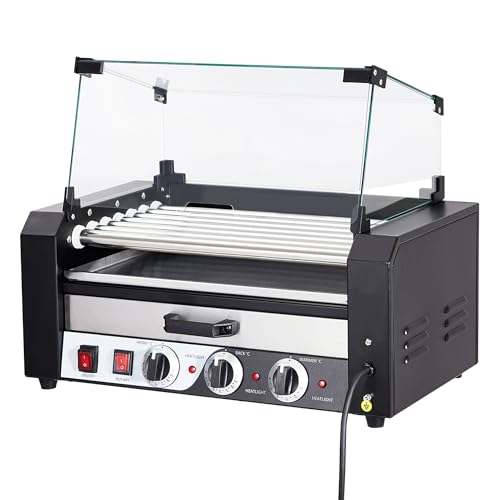 Commercial 7-Roller Hot Dog Machine | 18-Capacity Dual Temp Control (122°F-482°F) with Bun Warmer Drawer & Removable Glass Hood - 304 Stainless Steel Rollers for Food Trucks, Stadiums