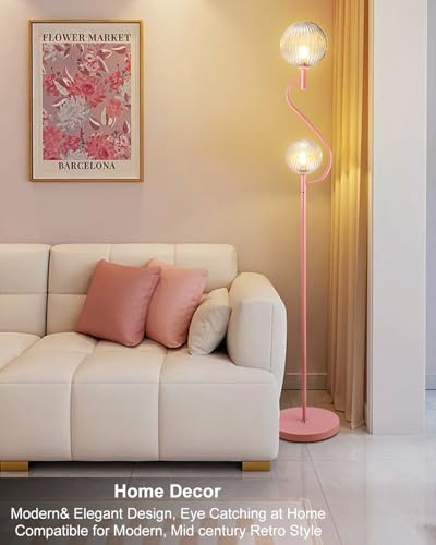 Image of Lightdot Pink Floor Lamp, Mid Century Tall Standing Lamps with Globe Clear Glass Shade Soft Warm White Bulbs Included, Modern Unique Floor Lamp for Living Room /Bedroom /Sofa Beside /Corner Decor