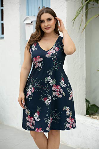 Image of Women Plus Size V Neck Sleeveless Floral Print Pocket T Shirt Dresses Casual Midi Tank Dress Beach Cover up Sundress (XL-5X)