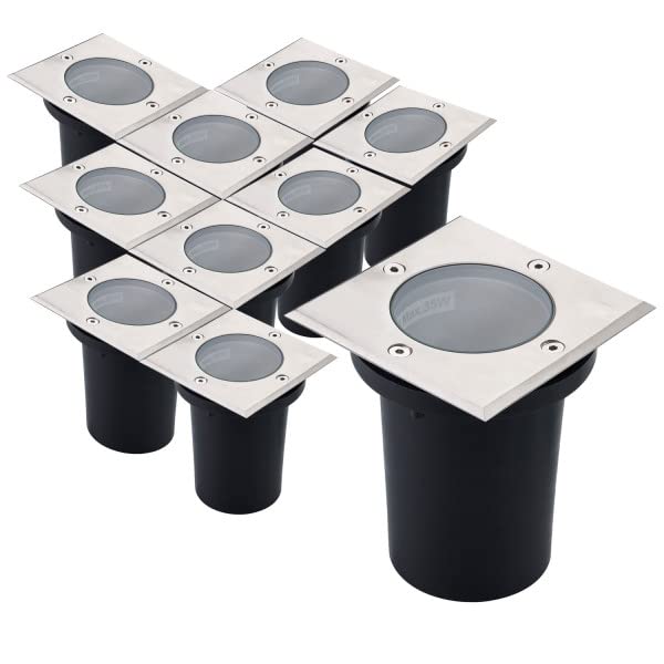 Arum LIGHTING - Lot de 10 Spots Encastrables de Sol CANYON Carré, Collerette INOX 304 et Fonte d'Aluminium, Culot GU10, Étanche IP67, Éclairage Balisage...